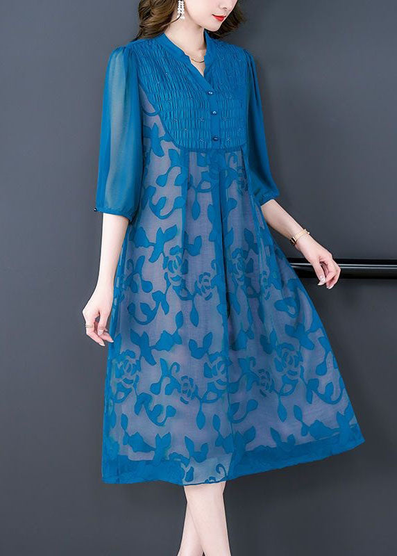 Italian Blue Stand Collar Print Patchwork Chiffon Dresses Summer LY4617 - fabuloryshop