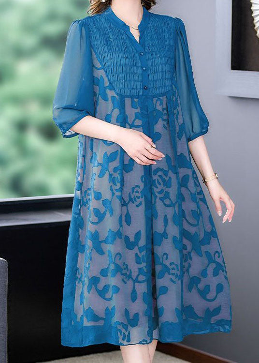 Italian Blue Stand Collar Print Patchwork Chiffon Dresses Summer LY4617 - fabuloryshop