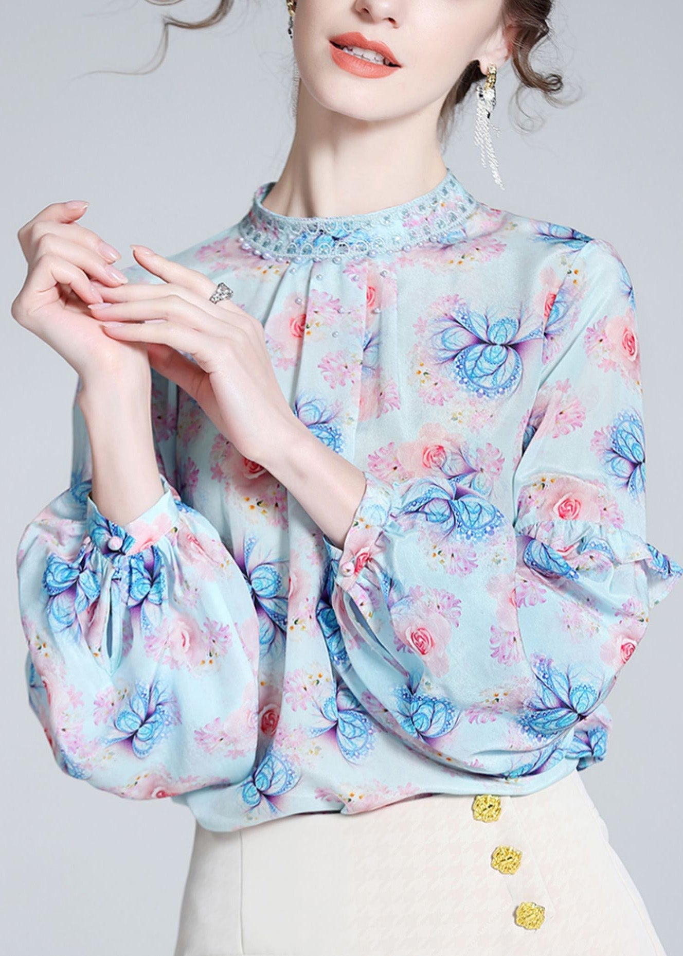 Italian Blue Stand Collar Print Silk Tops Lantern Sleeve LY0724 - fabuloryshop