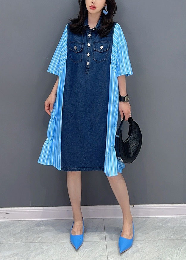 Italian Blue Striped Denim Patchwork Cotton Shirts Dresses Summer LY5733 - fabuloryshop