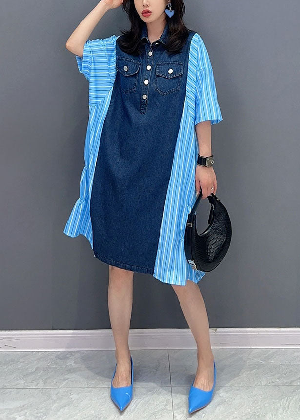 Italian Blue Striped Denim Patchwork Cotton Shirts Dresses Summer LY5733 - fabuloryshop