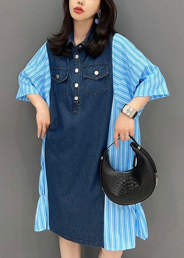 Italian Blue Striped Denim Patchwork Cotton Shirts Dresses Summer LY5733 - fabuloryshop