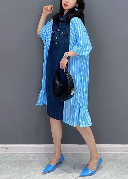 Italian Blue Striped Denim Patchwork Cotton Shirts Dresses Summer LY5733 - fabuloryshop