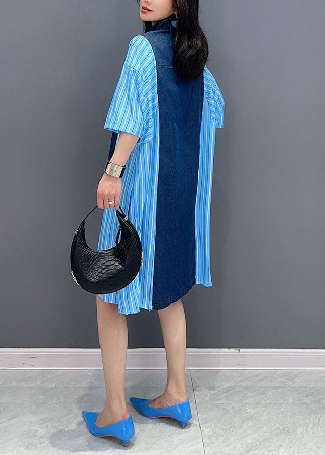 Italian Blue Striped Denim Patchwork Cotton Shirts Dresses Summer LY5733 - fabuloryshop