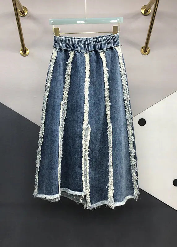 Italian Blue Tasseled Elastic Waist Patchwork Denim Skirts Fall Ada Fashion