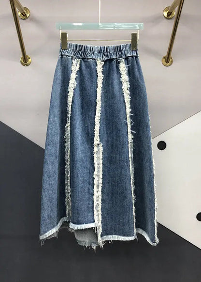 Italian Blue Tasseled Elastic Waist Patchwork Denim Skirts Fall Ada Fashion