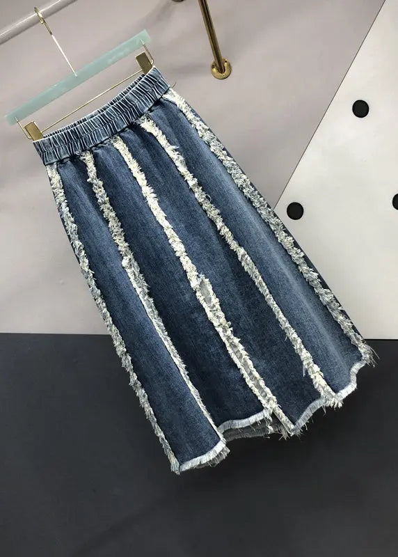 Italian Blue Tasseled Elastic Waist Patchwork Denim Skirts Fall Ada Fashion