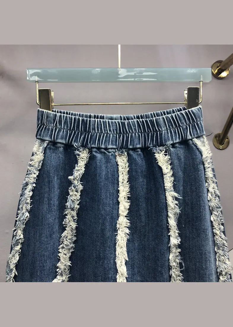 Italian Blue Tasseled Elastic Waist Patchwork Denim Skirts Fall Ada Fashion