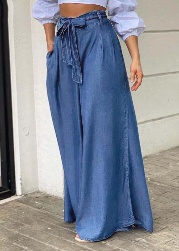 Italian Blue Tie Waist Oversized Denim Wide Leg Pants Trousers Summer LY3952 - fabuloryshop