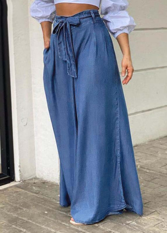 Italian Blue Tie Waist Oversized Denim Wide Leg Pants Trousers Summer LY3952 - fabuloryshop