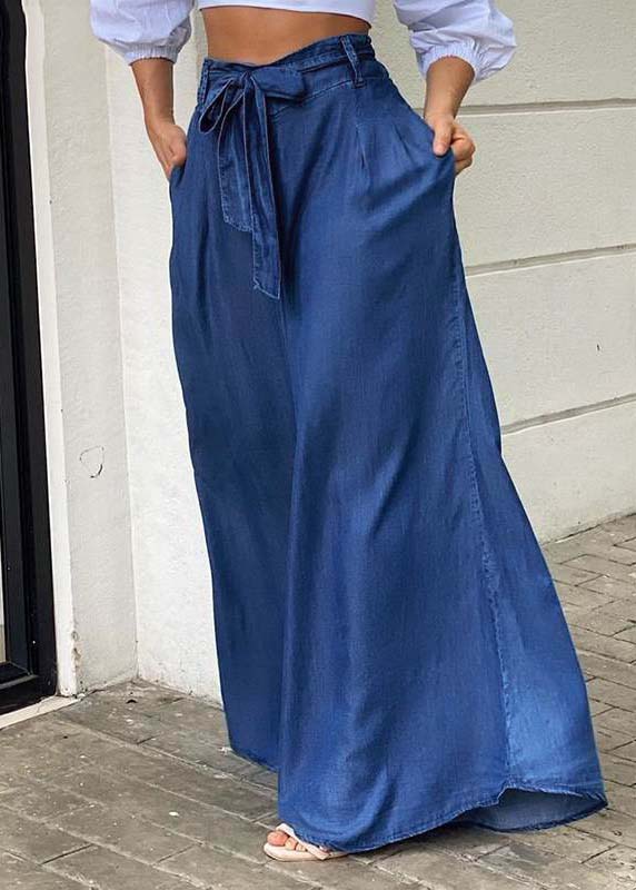 Italian Blue Tie Waist Oversized Denim Wide Leg Pants Trousers Summer LY3952 - fabuloryshop