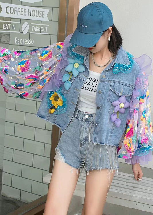 Italian Blue Tulle Ruffled Sequins Floral Decorated Patchwork Denim Coat Spring LY3983 - fabuloryshop