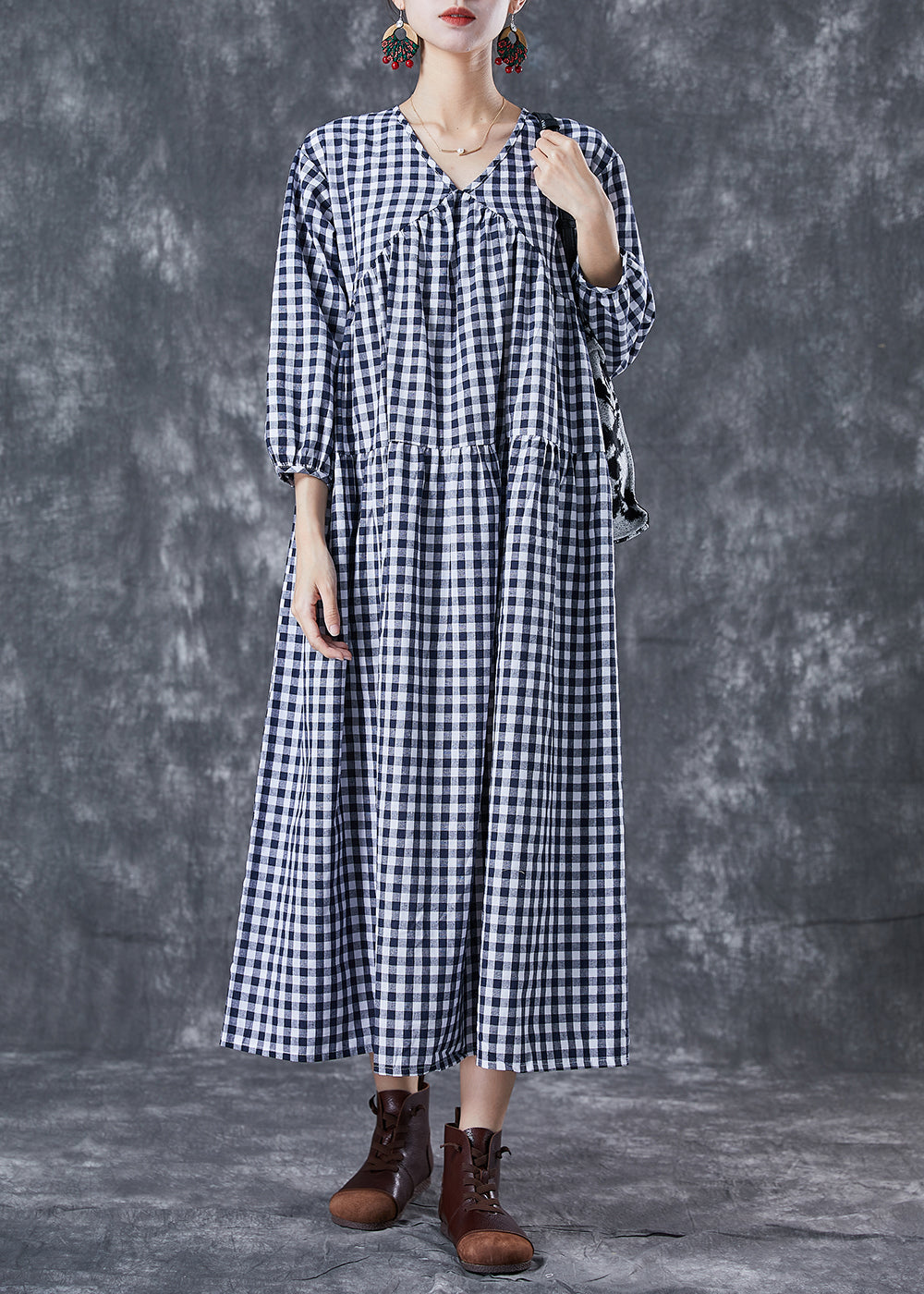 Italian Blue V Neck Patchwork Plaid Cotton Long Dress Summer LY5004 - fabuloryshop