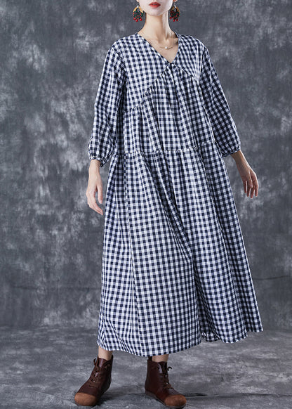 Italian Blue V Neck Patchwork Plaid Cotton Long Dress Summer LY5004 - fabuloryshop