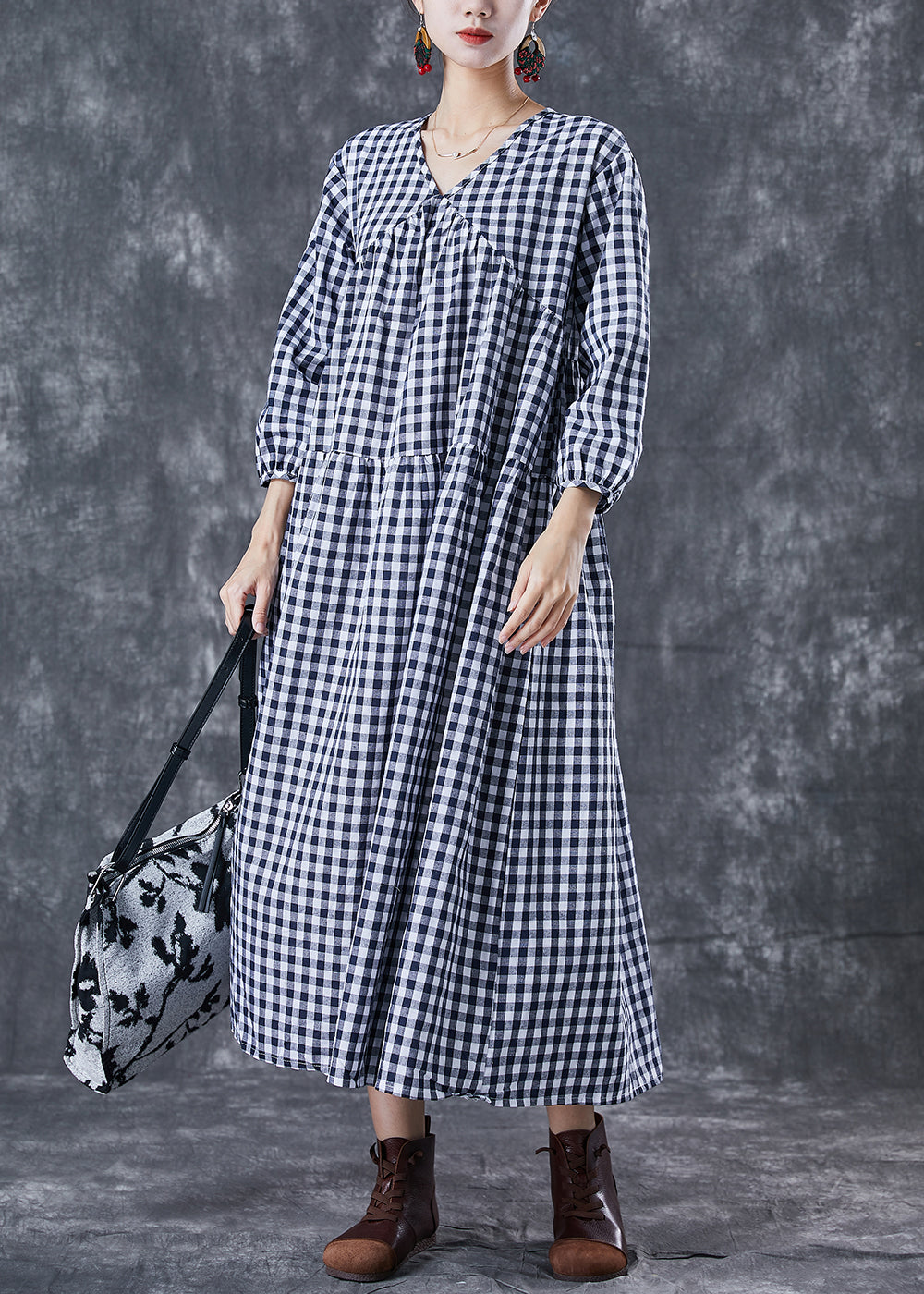 Italian Blue V Neck Patchwork Plaid Cotton Long Dress Summer LY5004 - fabuloryshop