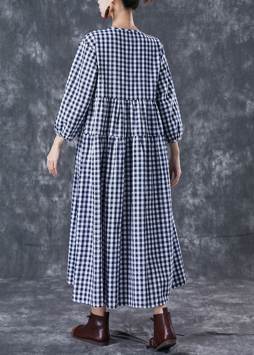 Italian Blue V Neck Patchwork Plaid Cotton Long Dress Summer LY5004 - fabuloryshop