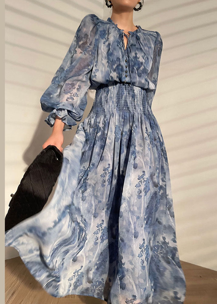 Italian Blue V-Neck Print Wrinkled Chiffon Cinch Dress Spring LC0500 - fabuloryshop