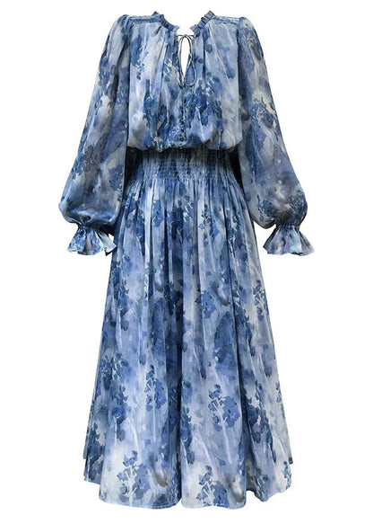 Italian Blue V-Neck Print Wrinkled Chiffon Cinch Dress Spring LC0500 - fabuloryshop