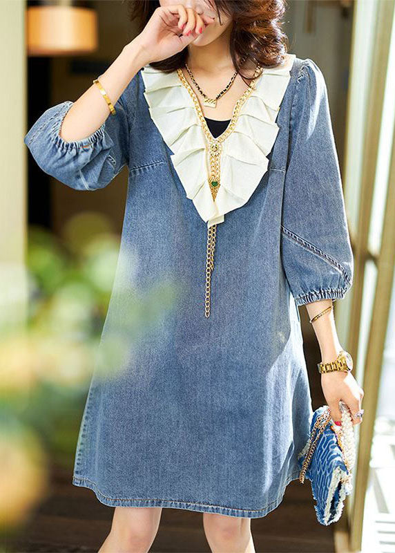 Italian Blue V Neck Ruffled Patchwork Denim Dress Bracelet Sleeve LY3816 - fabuloryshop