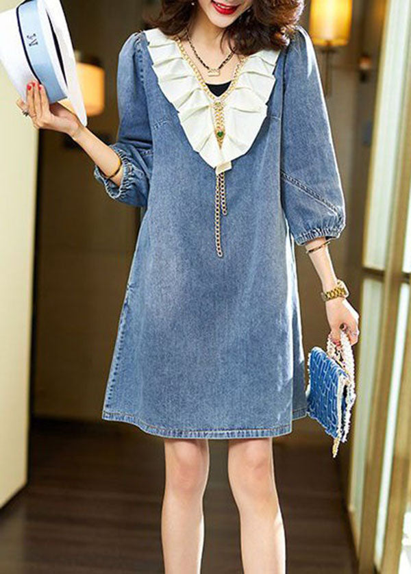 Italian Blue V Neck Ruffled Patchwork Denim Dress Bracelet Sleeve LY3816 - fabuloryshop