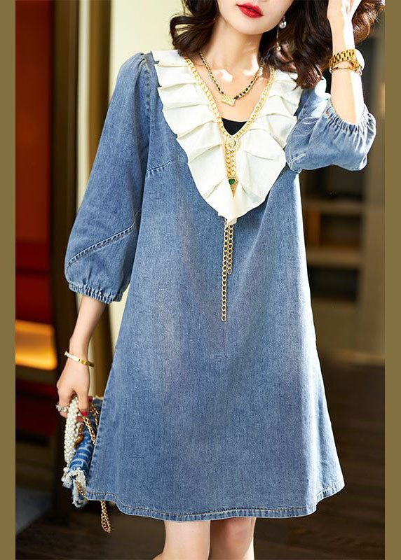 Italian Blue V Neck Ruffled Patchwork Denim Dress Bracelet Sleeve LY3816 - fabuloryshop