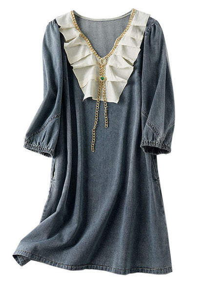 Italian Blue V Neck Ruffled Patchwork Denim Dress Bracelet Sleeve LY3816 - fabuloryshop