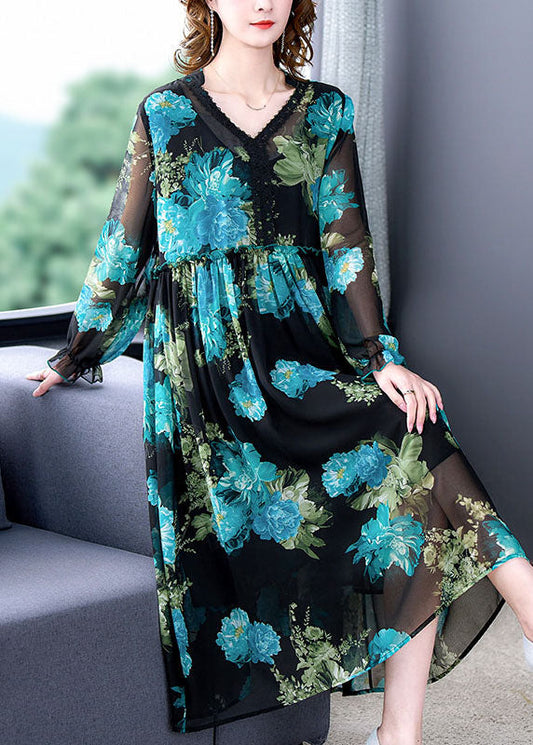 Italian Blue V Neck Ruffled Print Patchwork Chiffon Mid Dress Long Sleeve LY5977 Ada Fashion