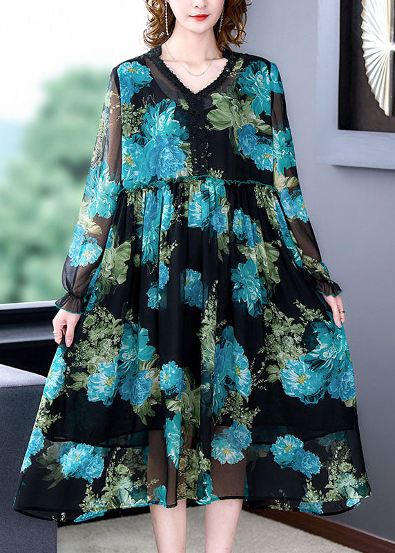 Italian Blue V Neck Ruffled Print Patchwork Chiffon Mid Dress Long Sleeve LY5977 Ada Fashion