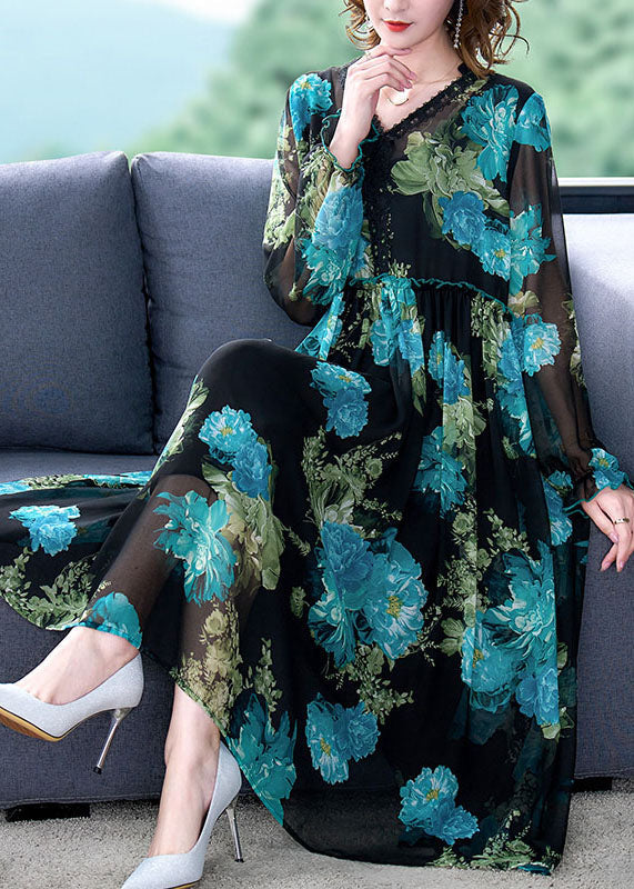 Italian Blue V Neck Ruffled Print Patchwork Chiffon Mid Dress Long Sleeve LY5977 Ada Fashion