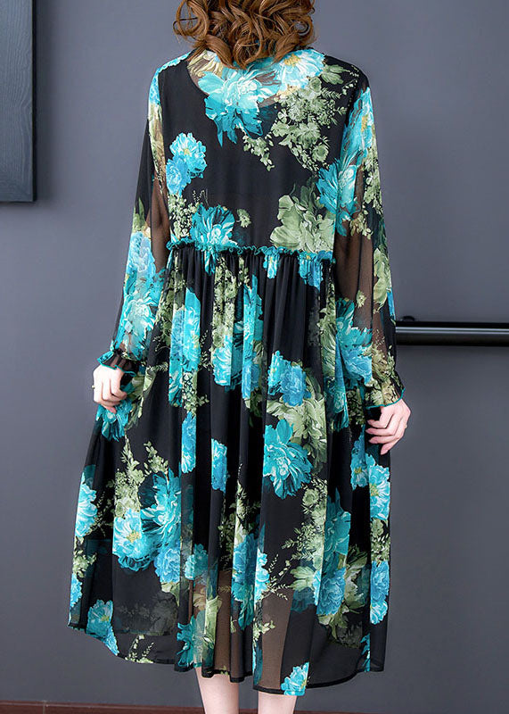 Italian Blue V Neck Ruffled Print Patchwork Chiffon Mid Dress Long Sleeve LY5977 Ada Fashion