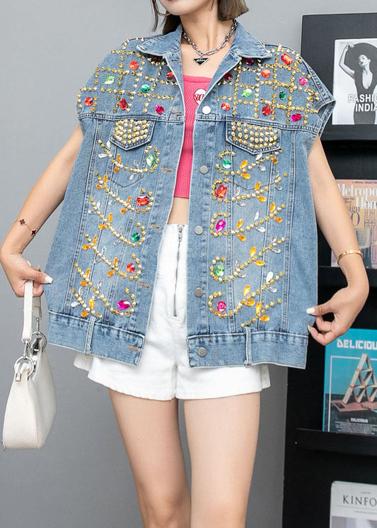 Italian Blue Zircon Rivet Patchwork Denim Vest Sleeveless LY5257 - fabuloryshop