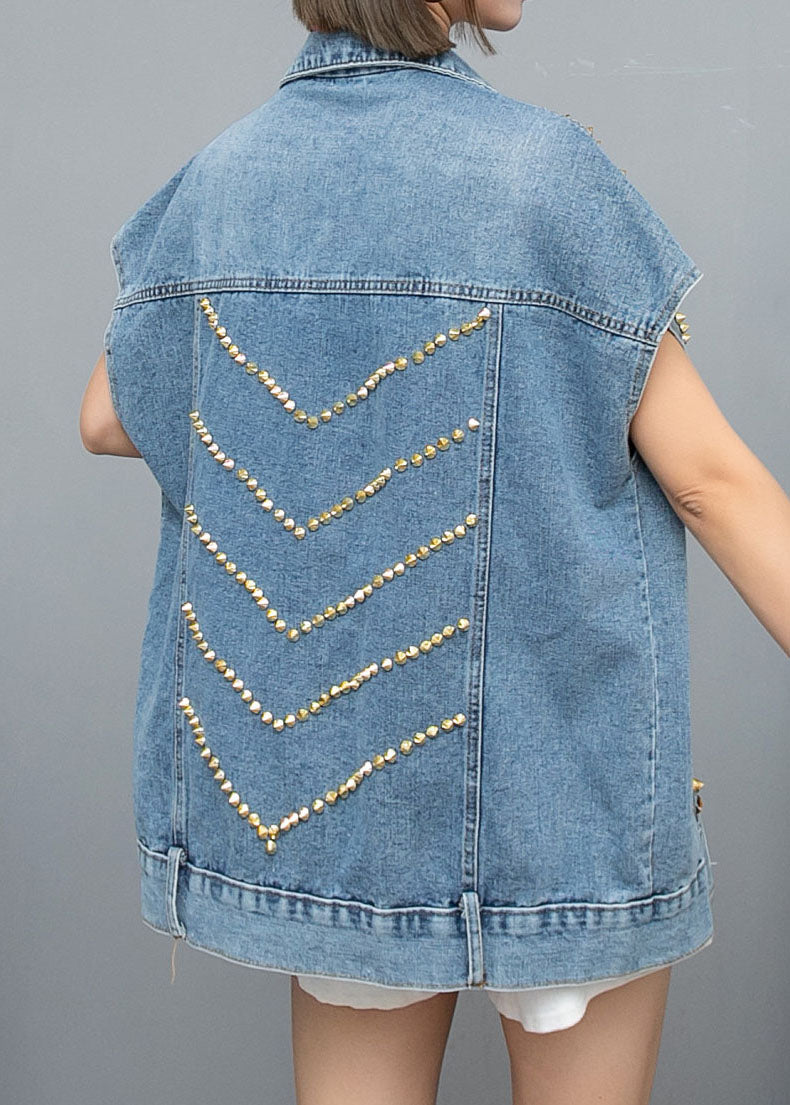 Italian Blue Zircon Rivet Patchwork Denim Vest Sleeveless LY5257 - fabuloryshop