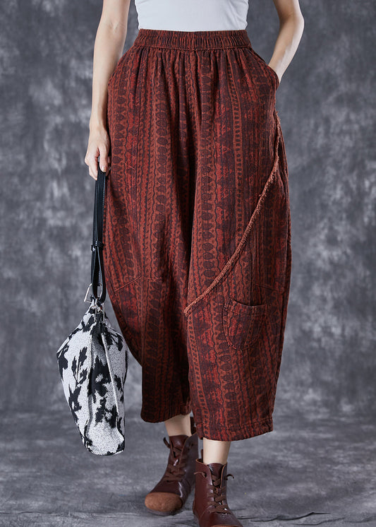 Italian Brick Red Oversized Pockets Print Linen Pants Summer TD1001 - fabuloryshop