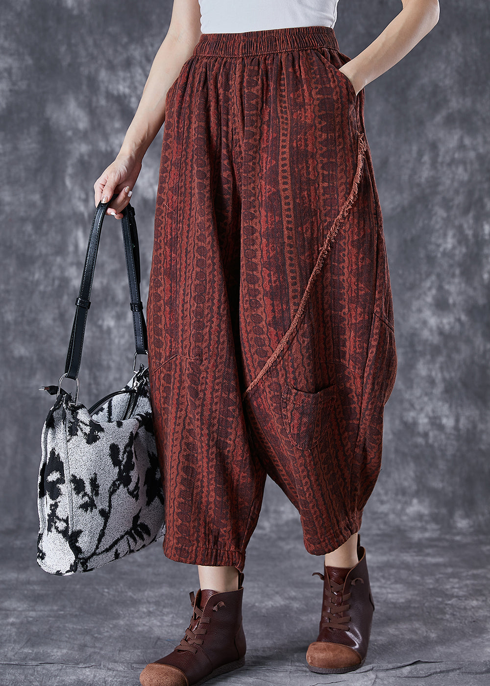 Italian Brick Red Oversized Pockets Print Linen Pants Summer TD1001 - fabuloryshop