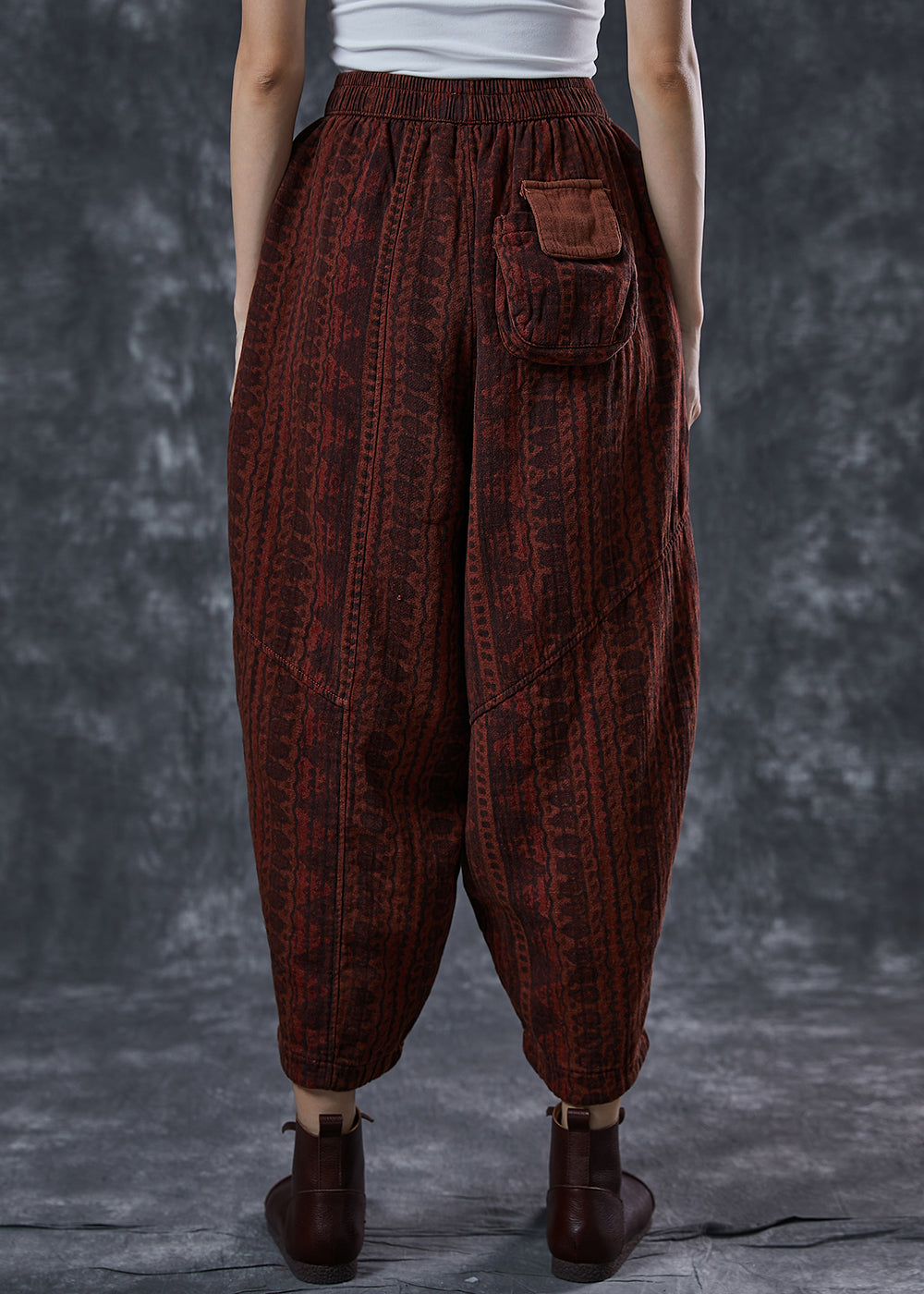 Italian Brick Red Oversized Pockets Print Linen Pants Summer TD1001 - fabuloryshop