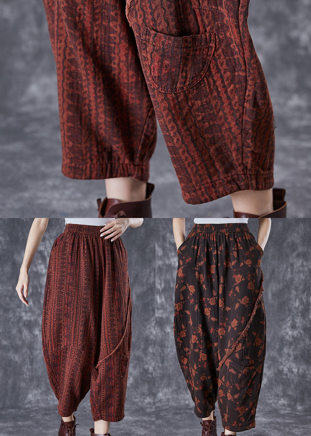 Italian Brick Red Oversized Pockets Print Linen Pants Summer TD1001 - fabuloryshop