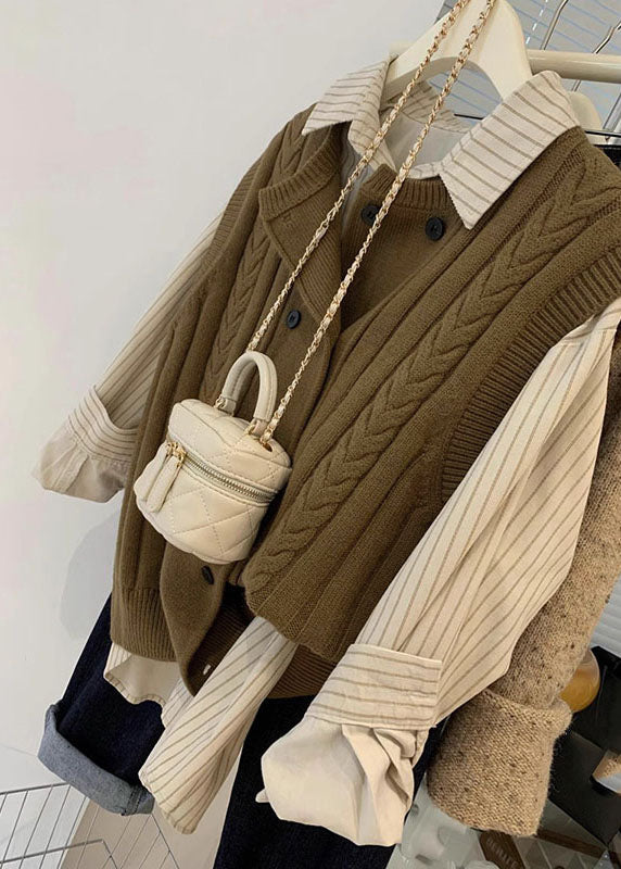 Italian Brown Button Cable Knit Waistcoat And Shirts Two Pieces Set Fall Ada Fashion