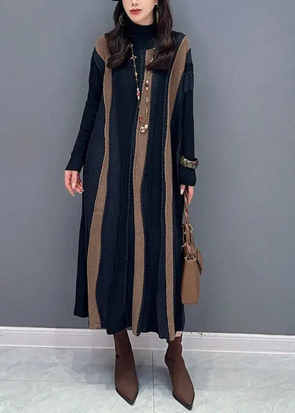 Italian Brown Striped Patchwork Knit Long Dresses Fall Ada Fashion