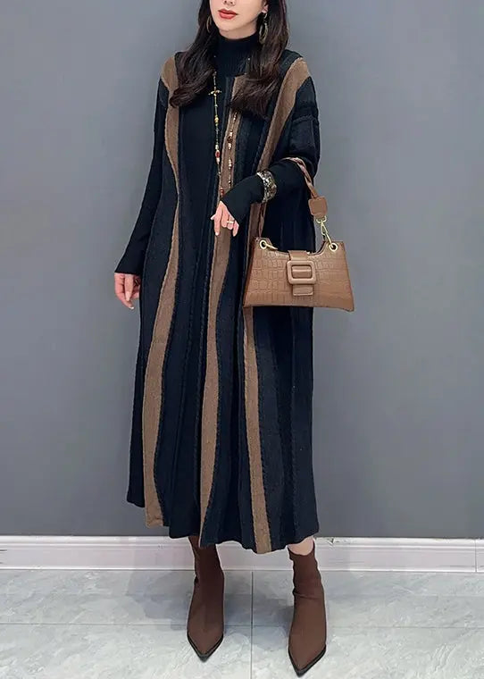 Italian Brown Striped Patchwork Knit Long Dresses Fall Ada Fashion