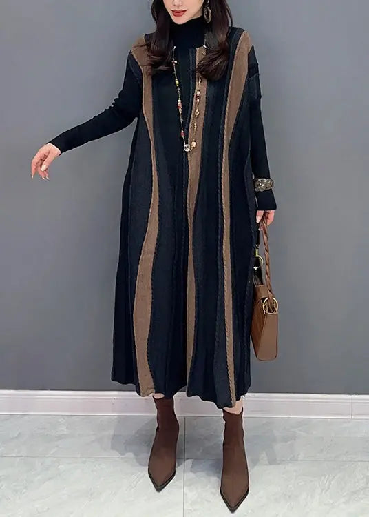 Italian Brown Striped Patchwork Knit Long Dresses Fall Ada Fashion