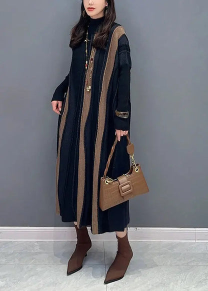 Italian Brown Striped Patchwork Knit Long Dresses Fall Ada Fashion