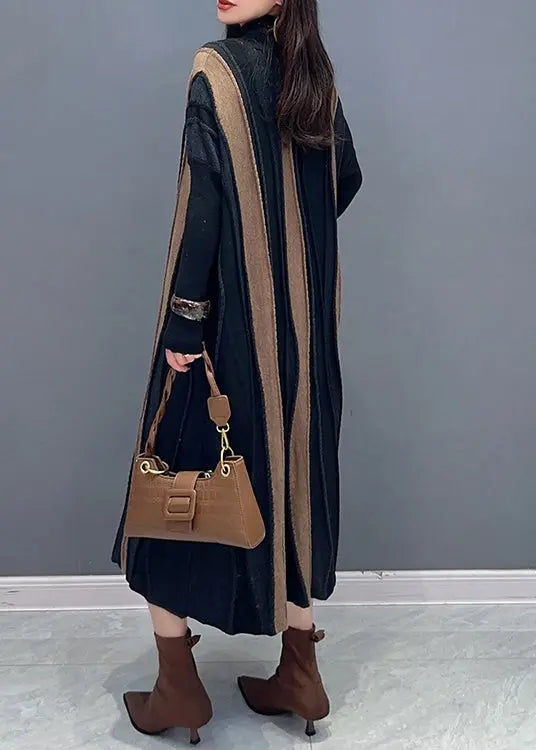 Italian Brown Striped Patchwork Knit Long Dresses Fall Ada Fashion