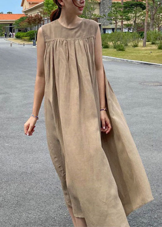 Italian Camel O Neck Wrinkled Patchwork Linen Maternity Dress Sleeveless LY2086 - fabuloryshop