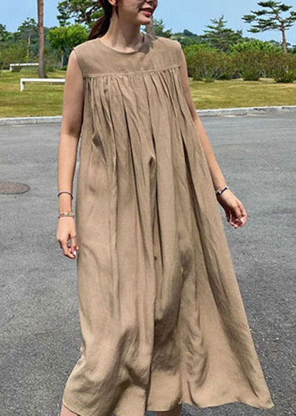 Italian Camel O Neck Wrinkled Patchwork Linen Maternity Dress Sleeveless LY2086 - fabuloryshop