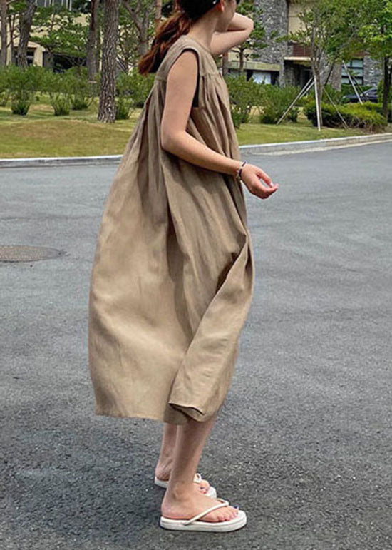 Italian Camel O Neck Wrinkled Patchwork Linen Maternity Dress Sleeveless LY2086 - fabuloryshop