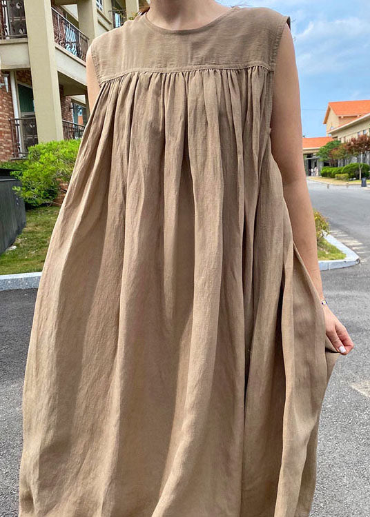 Italian Camel O Neck Wrinkled Patchwork Linen Maternity Dress Sleeveless LY2086 - fabuloryshop