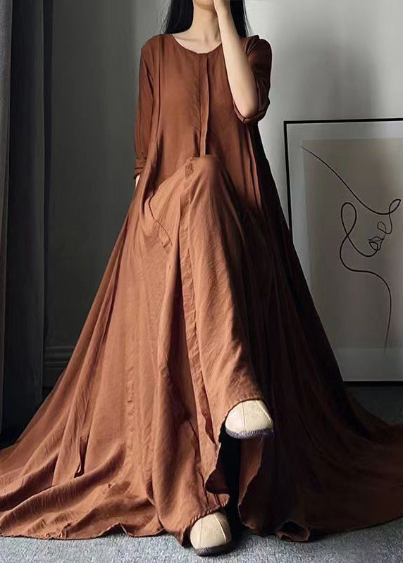 Italian Caramel O Neck Wrinkled Patchwork Cotton Long Dress Fall Ada Fashion