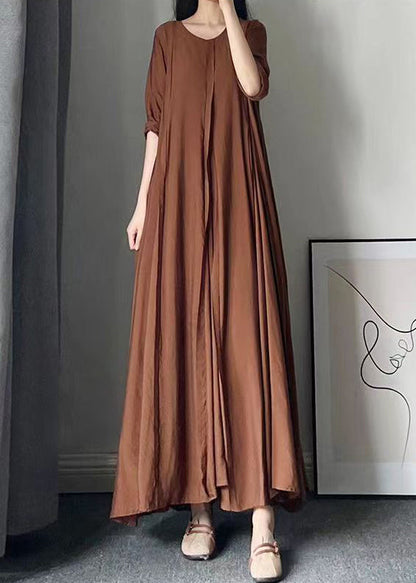 Italian Caramel O Neck Wrinkled Patchwork Cotton Long Dress Fall Ada Fashion