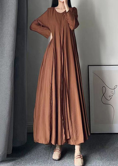 Italian Caramel O Neck Wrinkled Patchwork Cotton Long Dress Fall Ada Fashion