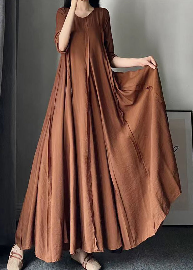 Italian Caramel O Neck Wrinkled Patchwork Cotton Long Dress Fall Ada Fashion